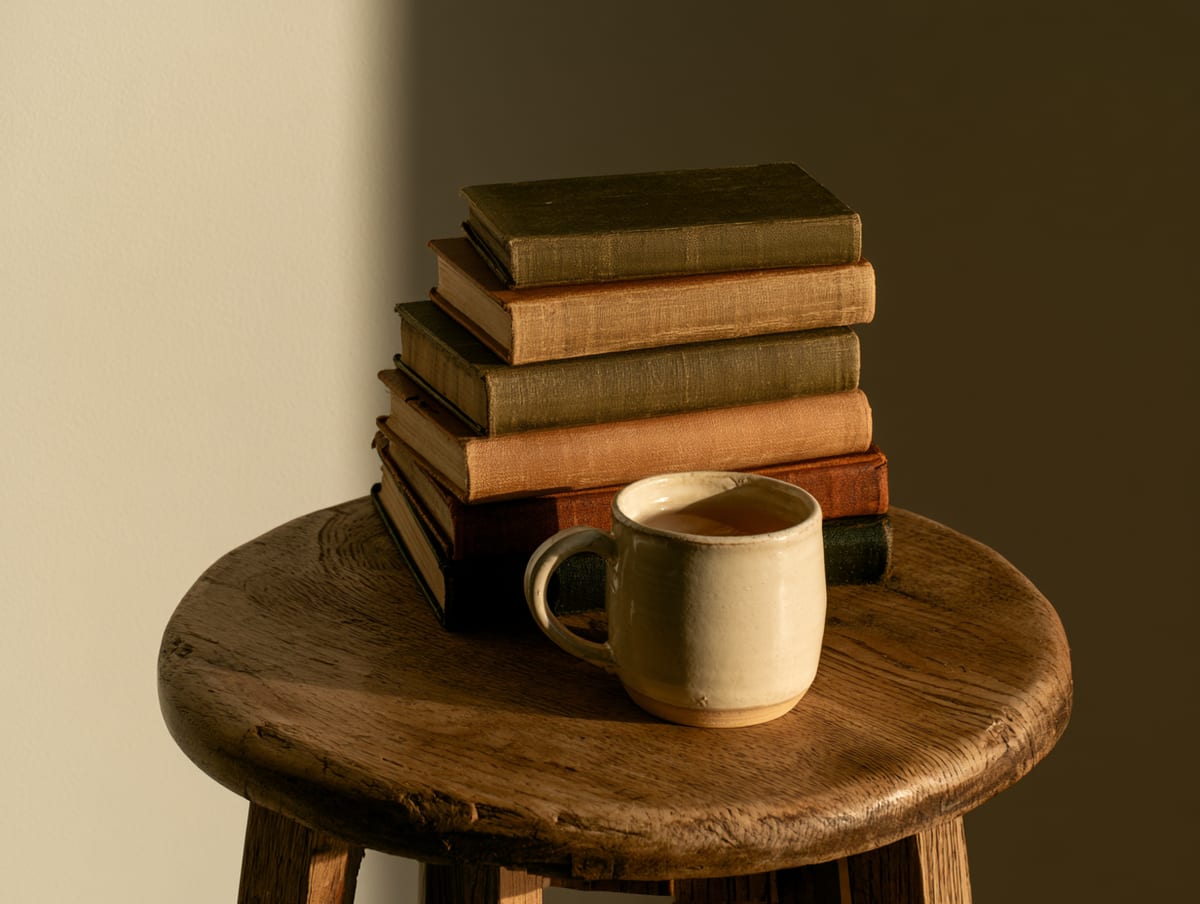 A stack of clothbound books and a stoneware mug on an oak stool