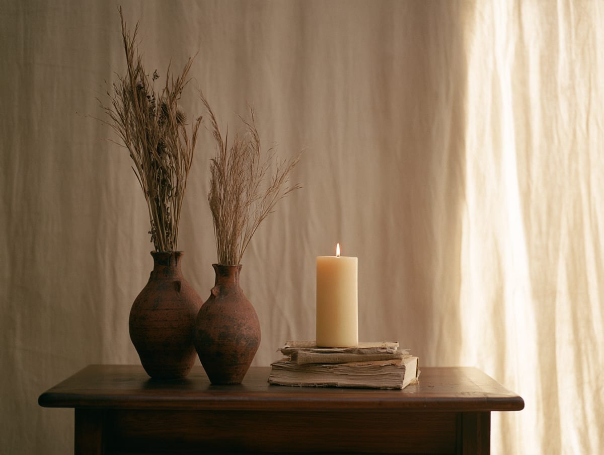 A lit candle and rustic vases beside a stack of old books