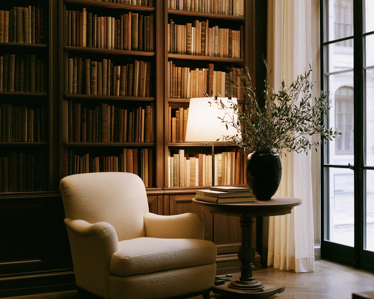A warm reading room with bookshelves and an armchair